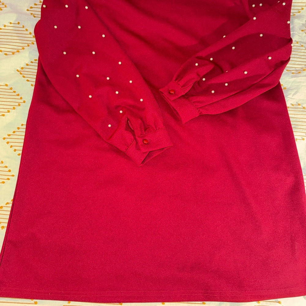 SHEIN Red Long Sleeve Dress with Pearl Details